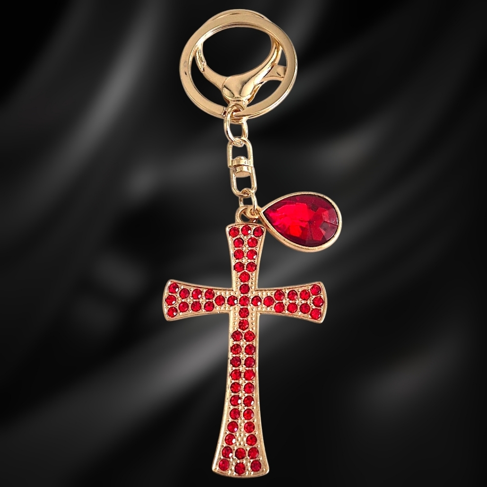 Red Crystal Cross Bag Charm / Keychain with Faceted Charm
